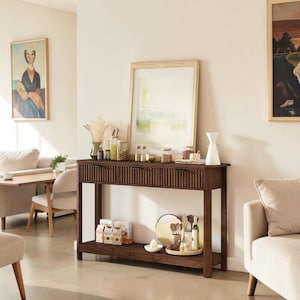Fluted Boho Console Table 3 Drawer Storage Shelf Narrow Entryway Sofa Stand