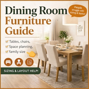 May include: A dining room furniture guide with text that reads "Dining Room Furniture Guide". The image shows a dining room set with a wooden table, beige chairs, and a light fixture. Text includes "Tables, chairs, Space planning, family size."
