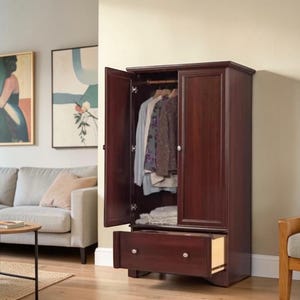 67" Palladia Armoire Select Cherry Wardrobe Closet with Hanging Rod & T-Slot Drawer