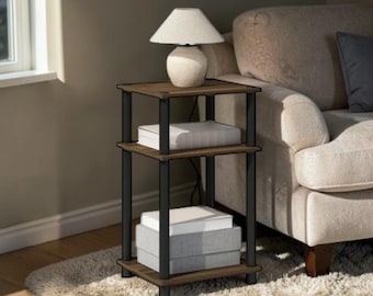 Minimalist 3 Tier Open Nightstand Compact Bedside Storage Shelf Walnut Black