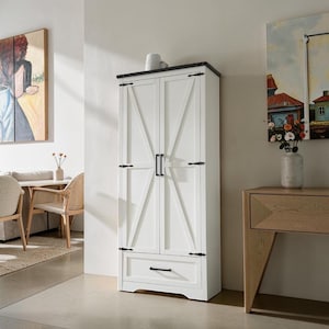 Farmhouse Kitchen Pantry Cabinet Antique White 72 Inch Tall Barn Door Wood Storage Hutch