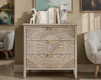Vintage Carved Accent Cabinet Floral Wood Storage Chest for Entryway Bedroom Living Room