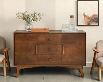 Mid Century Sideboard Buffet Cabinet Walnut Storage Console with Solid Wood Frame