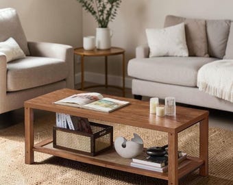 Boho Rattan Coffee Table Wood Center Table with Storage Shelf Living Room