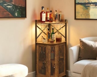 Rustic Corner Bar Cabinet with LED Lights, Wine Storage, Glass Rack & Shelving