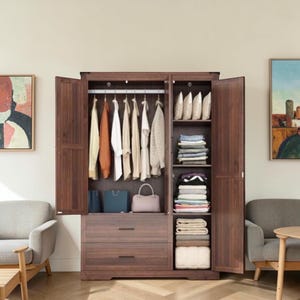 70" Farmhouse Brown Armoire Wardrobe Closet with 3 Doors 2 Drawers & Hanging Rod
