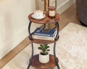 Vintage Round Side Table Rustic Nightstand Storage Shelf for Small Spaces