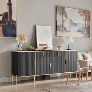 60 Inch Black Fluted Sideboard Modern Buffet Cabinet 6 Leg Credenza Large Kitchen Coffee Bar