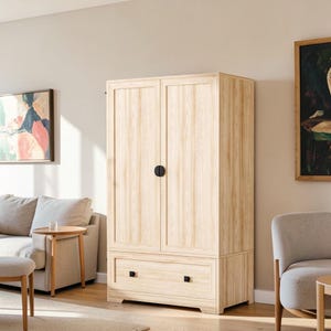 65" Oak Armoire Wardrobe Closet with Customizable Shelves & 2 Hanging Rods
