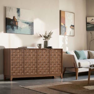 Fluted Walnut Sideboard Mid Century Modern Buffet Cabinet Solid Wood Leg Credenza Large Console