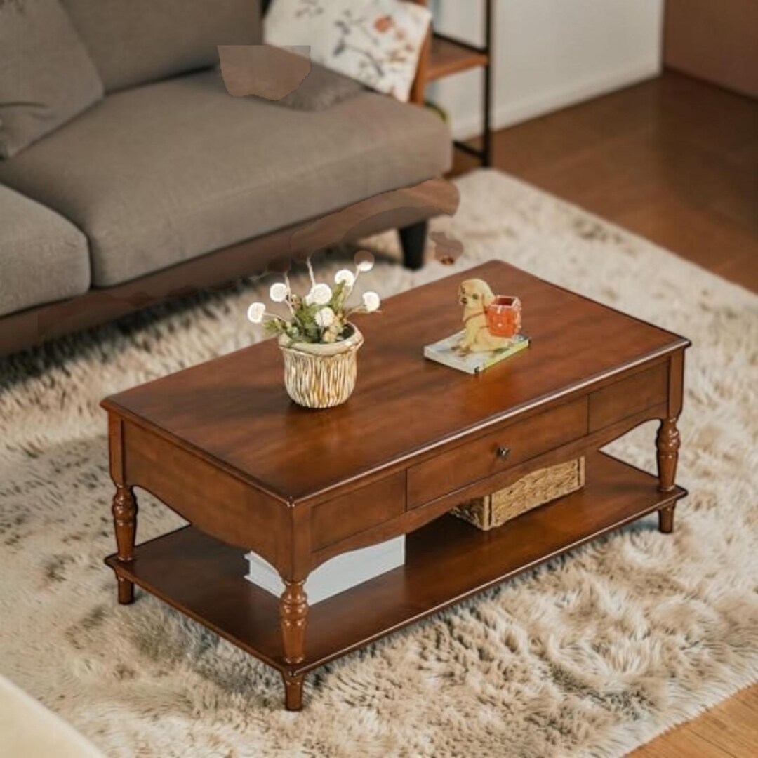 Mid Century Solid Wood Coffee Table 2 Drawers Vintage Living Room Table ...