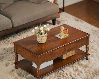 Mid Century Solid Wood Coffee Table 2 Drawers Vintage Living Room Table