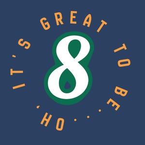 May include: A navy blue graphic with the words "GREAT TO BE... OH, 8" in orange lettering. The number 8 is white with a green outline and a green teardrop shape inside. The text is arranged in a circle around the number.