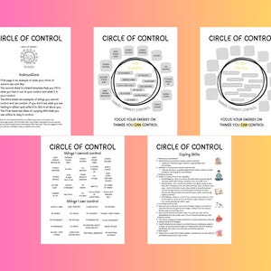 May include: A collection of white paper sheets with the title "CIRCLE OF CONTROL" printed in black. The sheets contain instructions, diagrams, and lists related to managing stress and focusing on what can be controlled. The background has a gradient of yellow to pink.