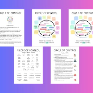 Op de afbeelding: Een verzameling van vijf afdrukbare werkbladen getiteld "Circle of Control". De werkbladen bevatten tekst en afbeeldingen, waaronder instructies, voorbeelden van dingen die men wel en niet kan controleren, en copingvaardigheden. Het kleurenschema omvat roze, paars en blauw.