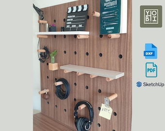Planos de escritorios PegFold / Escritorio de pared plegable con tablero perforado / Archivos CNC y de carpintería para bricolaje / Escritorio compacto