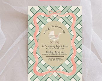 Modern Baby Shower Invitation Girl | Green Pattern Invite | Editable Baby Shower Template | Digital Download Printable