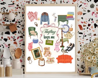 Thrift Lover Print Cute | Colorful Home Decor | Printable Retro Poster | Vintage Lover Art | Bestfriends who thrift together