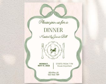 Elegant Green Dinner Invitation | Editable Canva Template | Printable Dinner Party Invite | Digital Download | Holiday Dinner Invite