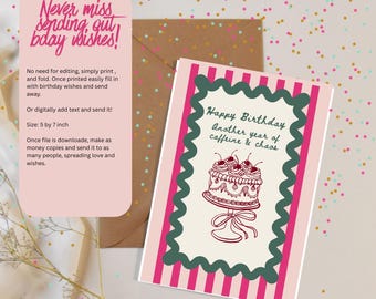 Instant Download Birthday Card | Funny Quote for Coffee Addict | Another Year of Caffeine and Chaos Printable