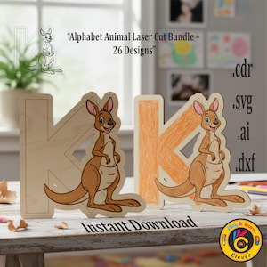 May include: Wooden laser-cut letter "K" with a kangaroo illustration. The letter is in a light wood color, with a cartoon kangaroo in shades of brown and tan. Text reads "Alphabet Animal Laser Cut Bundle - 26 Designs" and "Instant Download".
