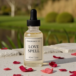 May include: A clear glass bottle of fragrance oil with a black dropper top. The label reads "FRAGRANCE OIL LOVE SPELL 60ml | 2oz". Red rose petals are scattered around the bottle on a stone surface. The background features greenery.