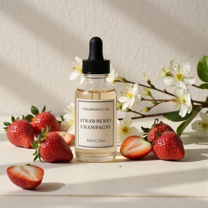 Puede incluir: Una botella de vidrio transparente de aceite perfumado "Strawberry Champagne" con tapón cuentagotas negro. La botella está rodeada de fresas frescas y flores blancas. Contiene 60 ml de aceite.
