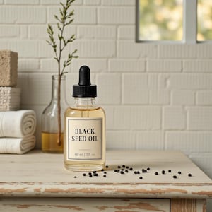 Könnte beinhalten: Eine klare Glasflasche mit Schwarzkümmelöl und einem schwarzen Tropfaufsatz. Auf dem Etikett steht "BLACK SEED OIL" und "60 ml | 2 fl. oz.". Die Flasche steht auf einem weißen Tisch mit verstreuten schwarzen Samen.