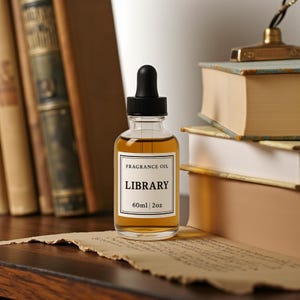 Op de afbeelding: Een heldere glazen geurolie fles met een zwarte druppel top. Het etiket luidt "FRAGRANCE OIL LIBRARY 60ml | 2oz". De fles is gevuld met amberkleurige vloeistof. De achtergrond bevat boeken en een stuk papier.