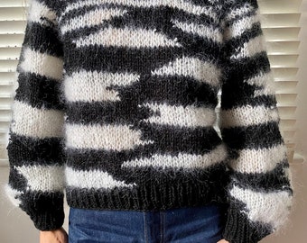 Mohair and Wool Mix Hand Knitted Cropped Jumper. Size S.