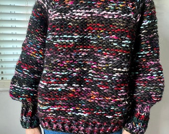 Chunky Hand Knitted Jumper Using Repurposed Yarn. Size S to M