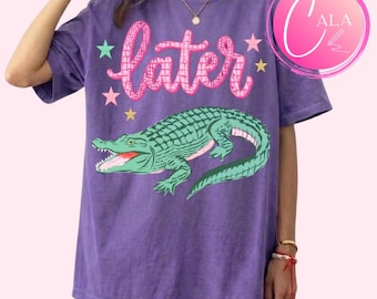 Later gator PNG, women's t-shirt with crocodile design PNG, preppy style, summery, cute, coastal, pink, modern graphic, digital download.