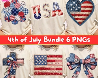 4th of July Patchwork PNG Bundle, Patriotic Quilt Designs, USA Bow Flag Cross Heart Flower PNG, Vintage Americana Sublimation Shirt Design