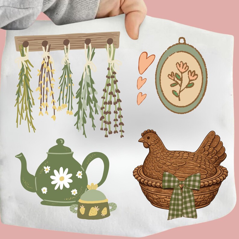May include: A collection of illustrated elements featuring a green teapot with a daisy design, a sugar bowl with strawberries, hanging herbs, a framed floral design, and a hen in a basket with a green and white bow.