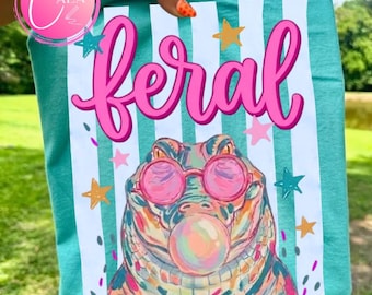 Feral PNG, Feral Girl Summer PNG, Preppy Summer Shirt Design, Animal png design, Cute drawing of an alligator with bubble gum, girly png
