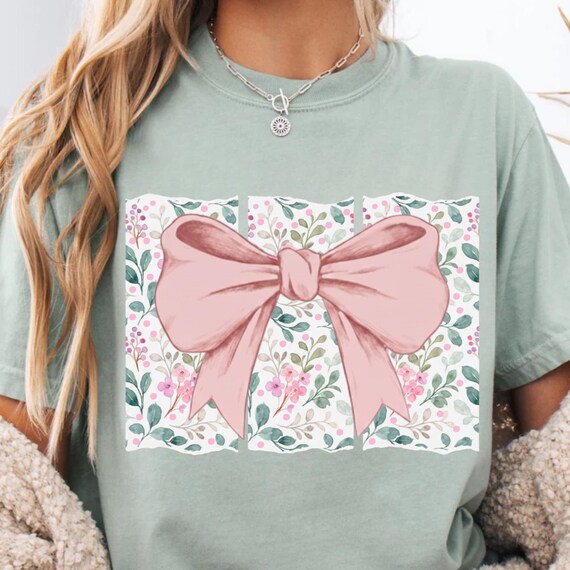 Flirty pink floral bow PNG Floral watercolor PNG Pink bow PNG Flirty bow Preppy floral shirt design Spring png Summer Feminine floral png