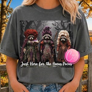 Könnte beinhalten: Ein anthrazitfarbenes T-Shirt mit einer Grafik von drei Waschbären, die als Hexen in einem dunklen Wald gekleidet sind. Die Waschbären tragen aufwendige historische Kleider und Perücken. Der Text "Just Here for the Hocus Pocus" steht in Weiß darunter.