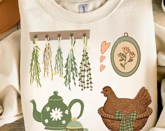 Images of Grandma Core PNG, hen in nest, vintage style, cottagecore png. Trendy design.