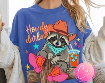 Preppy Raccoon Png, Funny Western Raccoon PNG, Howdy Darlin Shirt Design, Cute Cowgirl Animal Clipart, Halftone Rodeo Aesthetic Graphic.