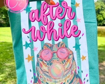 After While Crocodile PNG, Later Gator PNG, Coquette leopard girly png shirt, Watercolor Trending Stripes,Design Women stripes Preppy shirt
