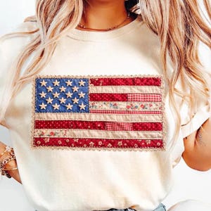 Vintage Patchwork American Flag PNG, Faux Quilted Patriotic 4th of July Sublimation Design, Cottagecore USA Graphic