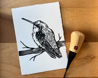 Hummingbird Linocut Print, Hand-Printed Bird Art