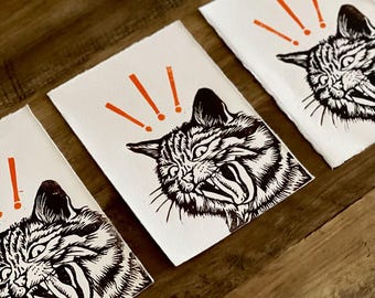 El Gato Emocionado, Linograbado, Arte de Gato Impreso a Mano