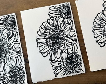Flower Linocut Print, Hand-Printed Flower Art