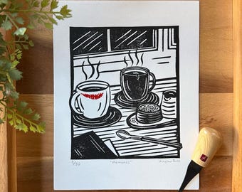 Memories Linocut Print, Hand-Printed Coffee Art
