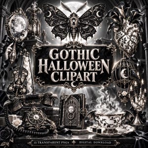 Puede incluir: Una colección digital de ilustraciones góticas en blanco y negro que incluye una polilla, un corazón, un violín, un teléfono de disco, un libro y una taza, con el texto GOTHIC HALLOWEEN CLIPART y 15 TRANSPARENT PNGS DIGITAL DOWNLOAD.