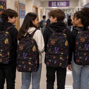 Könnte beinhalten: Vier Personen stehen in einem Schulflur und tragen schwarze Rucksäcke mit einem wiederkehrenden Muster aus Five Nights at Freddy's-Figuren wie Freddy Fazbear, Bonnie und Chica. Die Rucksäcke haben eine Fronttasche mit Reißverschluss und schwarze Träger.
