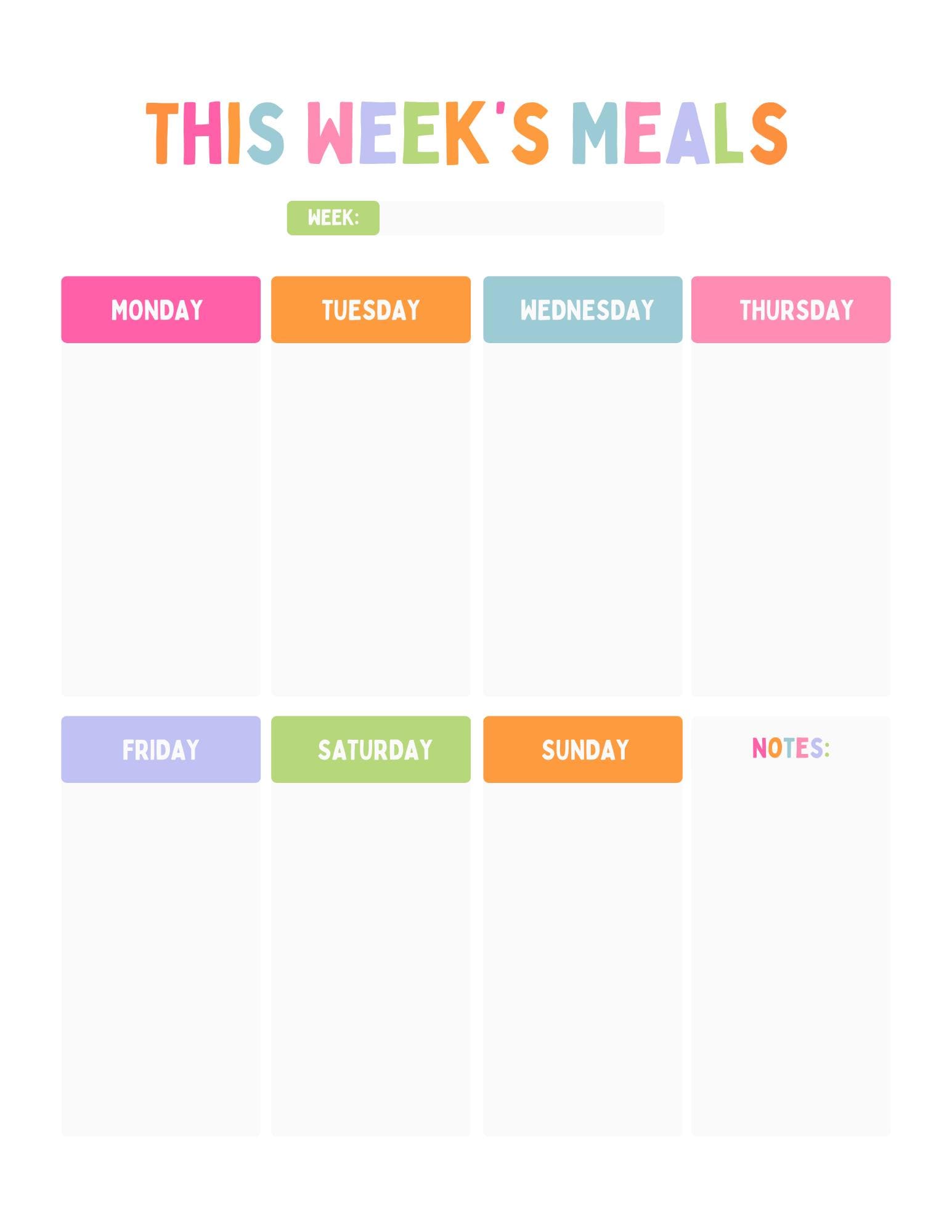 Weekly Menu Template Printable | Colorful - Etsy