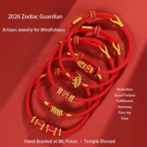 May include: Several red braided bracelets with gold detailing. The image features text: "2026 Zodiac Guardian" and "Artisan Jewelry for Mindfulness." Additional text lists "Protection, Good Fortune, Fulfillment, Harmony, Pure Joy, Flow."