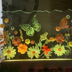 May include: A clear glass frame with a pressed flower and butterfly design. The frame is illuminated from below, highlighting the delicate details of the flowers and butterfly.